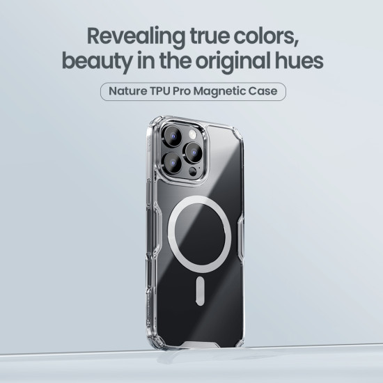 Apple iPhone 16 Pro Max магнитен Nature TPU Pro силиконов калъф прозрачен + синя рамка Apple iPhone 16 Pro Max магнитен Nature TPU Pro силиконов калъф прозрачен + синя рамка