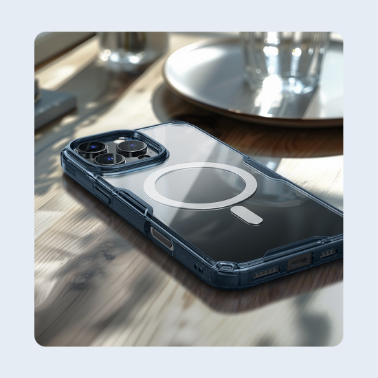 Apple iPhone 16 Pro Max магнитен Nature TPU Pro силиконов калъф прозрачен + синя рамка Apple iPhone 16 Pro Max магнитен Nature TPU Pro силиконов калъф прозрачен + синя рамка