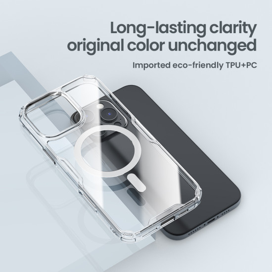 Apple iPhone 16 Pro Max магнитен Nature TPU Pro силиконов калъф прозрачен + синя рамка Apple iPhone 16 Pro Max магнитен Nature TPU Pro силиконов калъф прозрачен + синя рамка