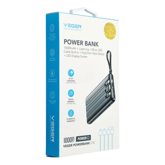 Външна батерия VEGER 10000 mAh с вградени кабели Micro USB / Type C / Lightning C10 (W1116) Външна батерия VEGER 10000 mAh с вградени кабели Micro USB / Type C / Lightning C10 (W1116)