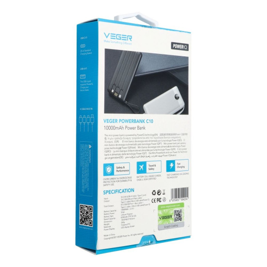 Външна батерия VEGER 10000 mAh с вградени кабели Micro USB / Type C / Lightning C10 (W1116) Външна батерия VEGER 10000 mAh с вградени кабели Micro USB / Type C / Lightning C10 (W1116)