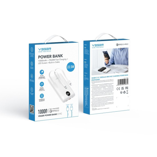 Външна батерия VEGER 10000 mAh с вградени кабели Type C / Lightning PD QC3.0 2A 22,5W C11C (W1170) Външна батерия VEGER 10000 mAh с вградени кабели Type C / Lightning PD QC3.0 2A 22,5W C11C (W1170)
